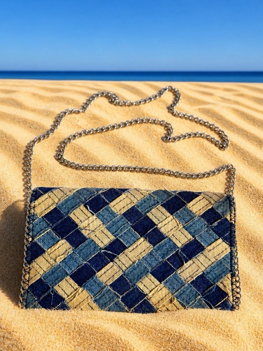 Chelsea28 Patchwork Denim Chain Crossbody Clutch Purse Y2K